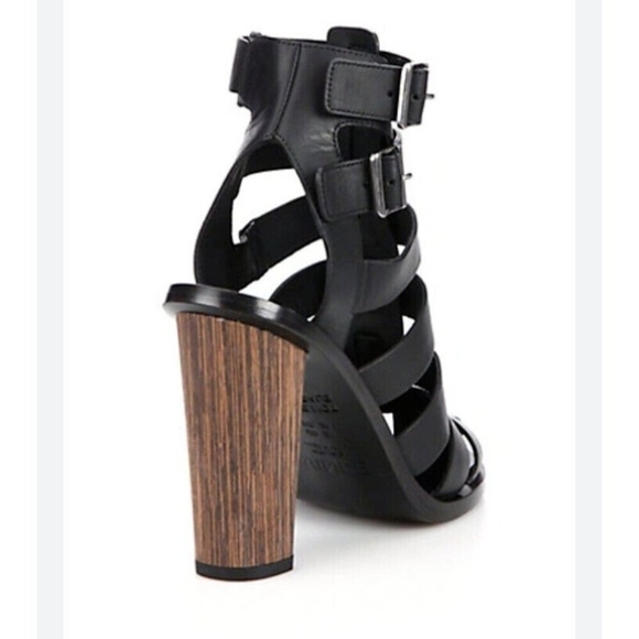 Vince Sandals Caged Strappy Nicolette Womens 8M 38 Black Leather Block High Heel - Picture 5 of 16